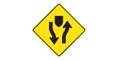 Ontario road sign: Divided highway begins traffic travels in both directions on separated roads ahead keep to the right hand road each road carries one way traffic