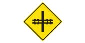 Ontario road sign: Railway crossing ahead be alert for trains this sign also shows the angle at which the railway tracks cross the road