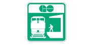 Ontario road sign: Shows route to passenger railway station