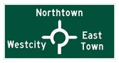 Ontario road sign: Shows the upcoming roundabout exits and where they will take you