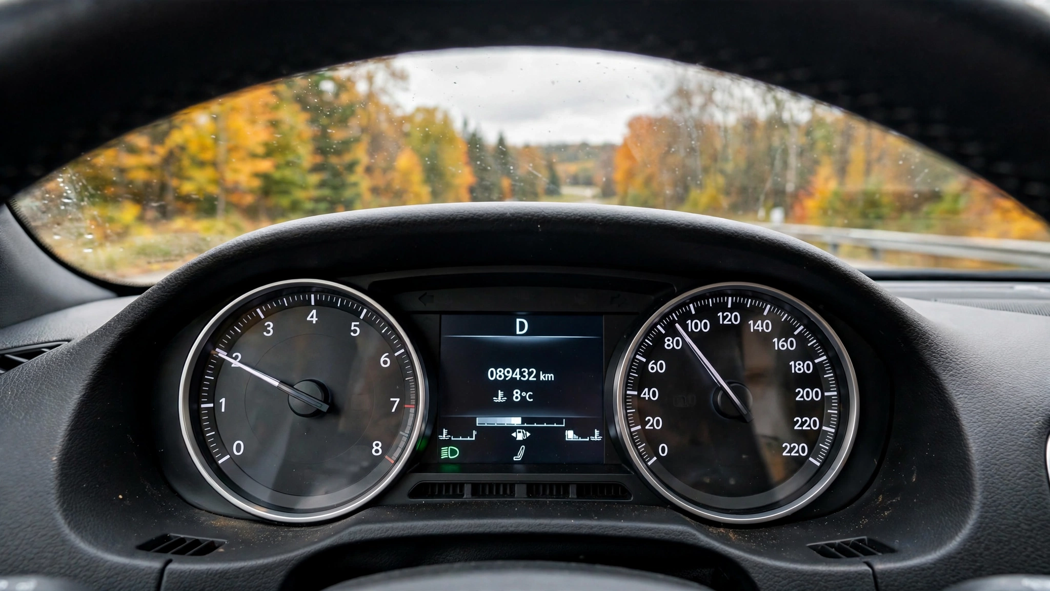 Close-up of a car instrument cluster — Ontario G1 practice