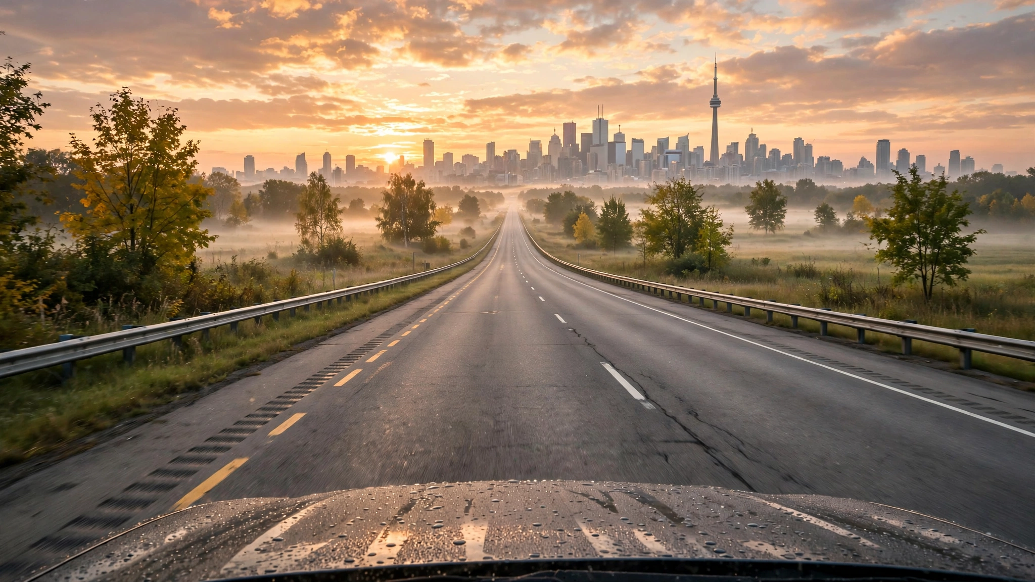Highway leading toward a city skyline at sunrise — Ontario G1 practice