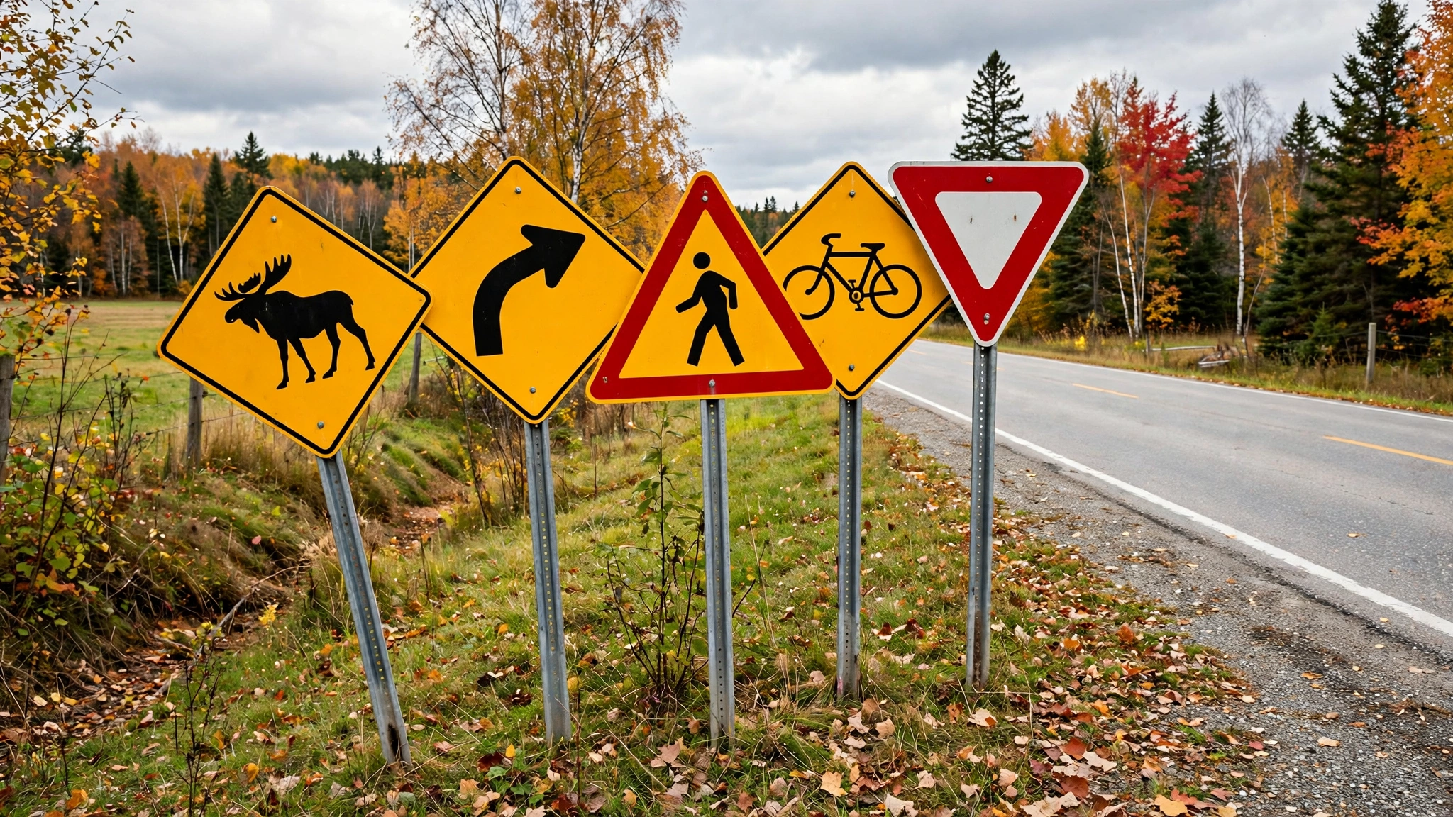 Group of various Ontario road signs on posts — Ontario G1 practice
