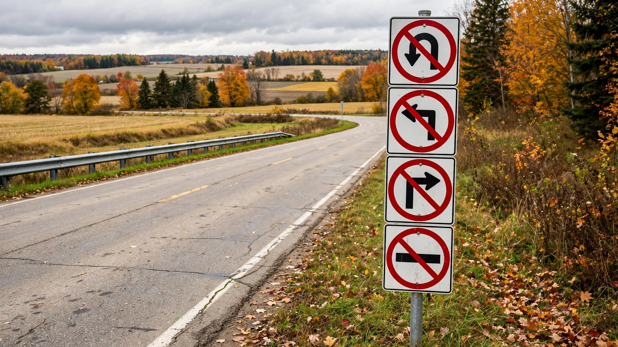 Row of regulatory road signs on a single post — Ontario G1 practice