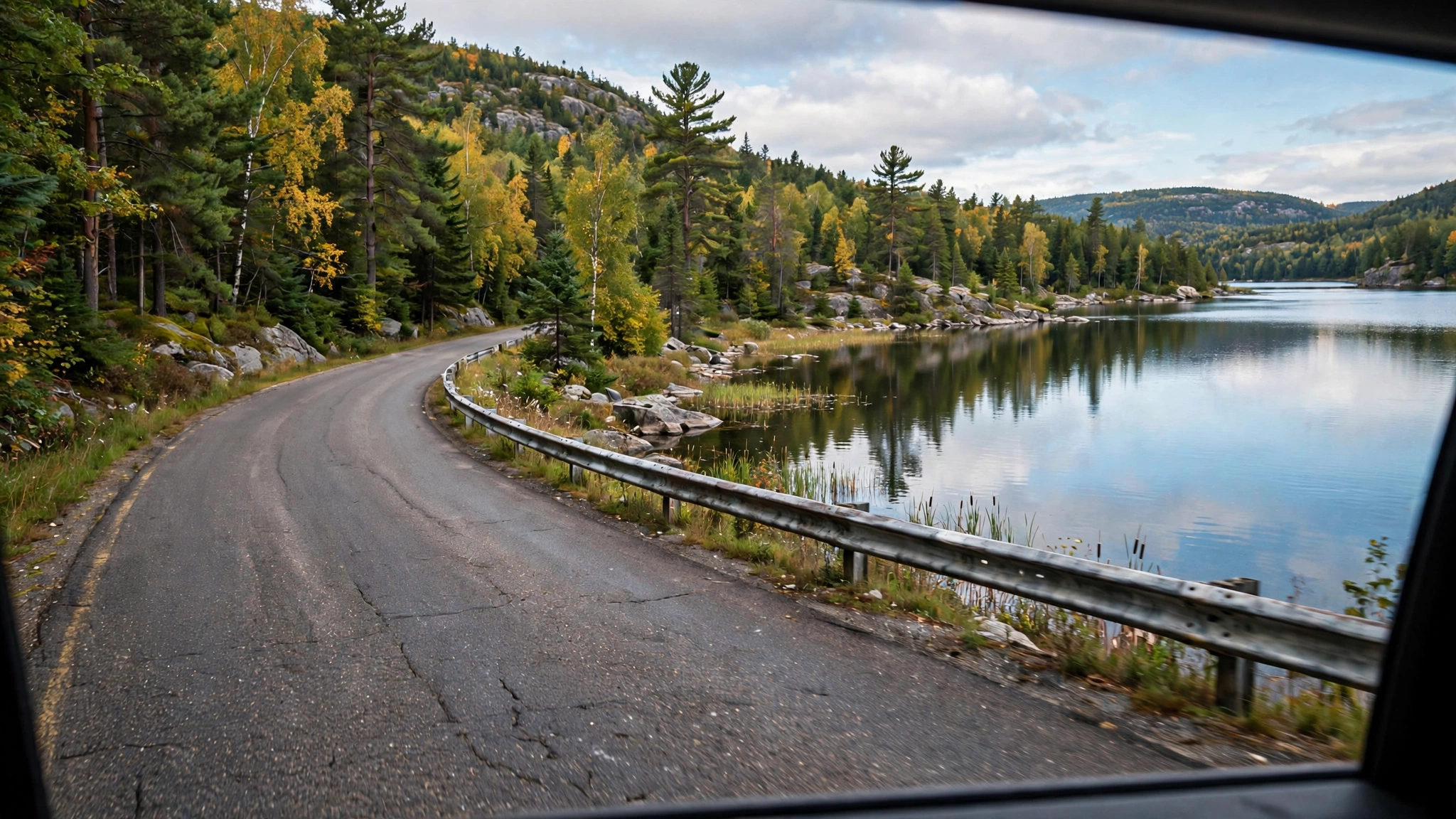 Lakeside road with calm water alongside — Ontario G1 practice
