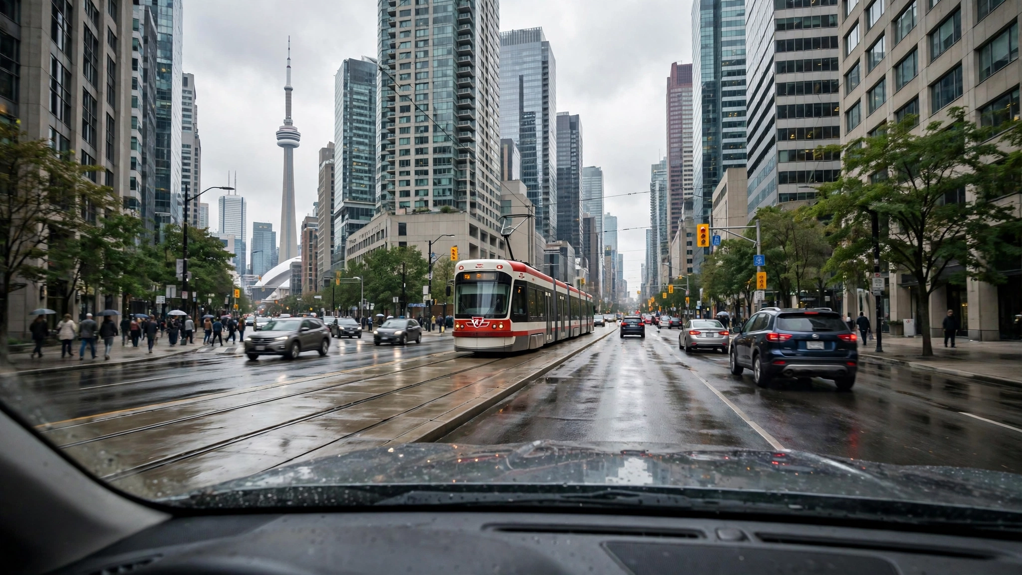 Toronto downtown street with streetcar and traffic — Ontario G1 practice