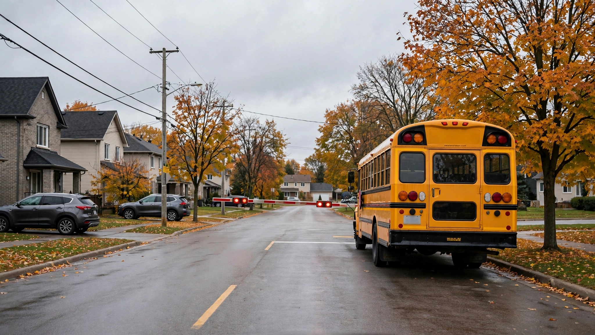 School bus with stop arm extended on a suburban street — Ontario G1 practice