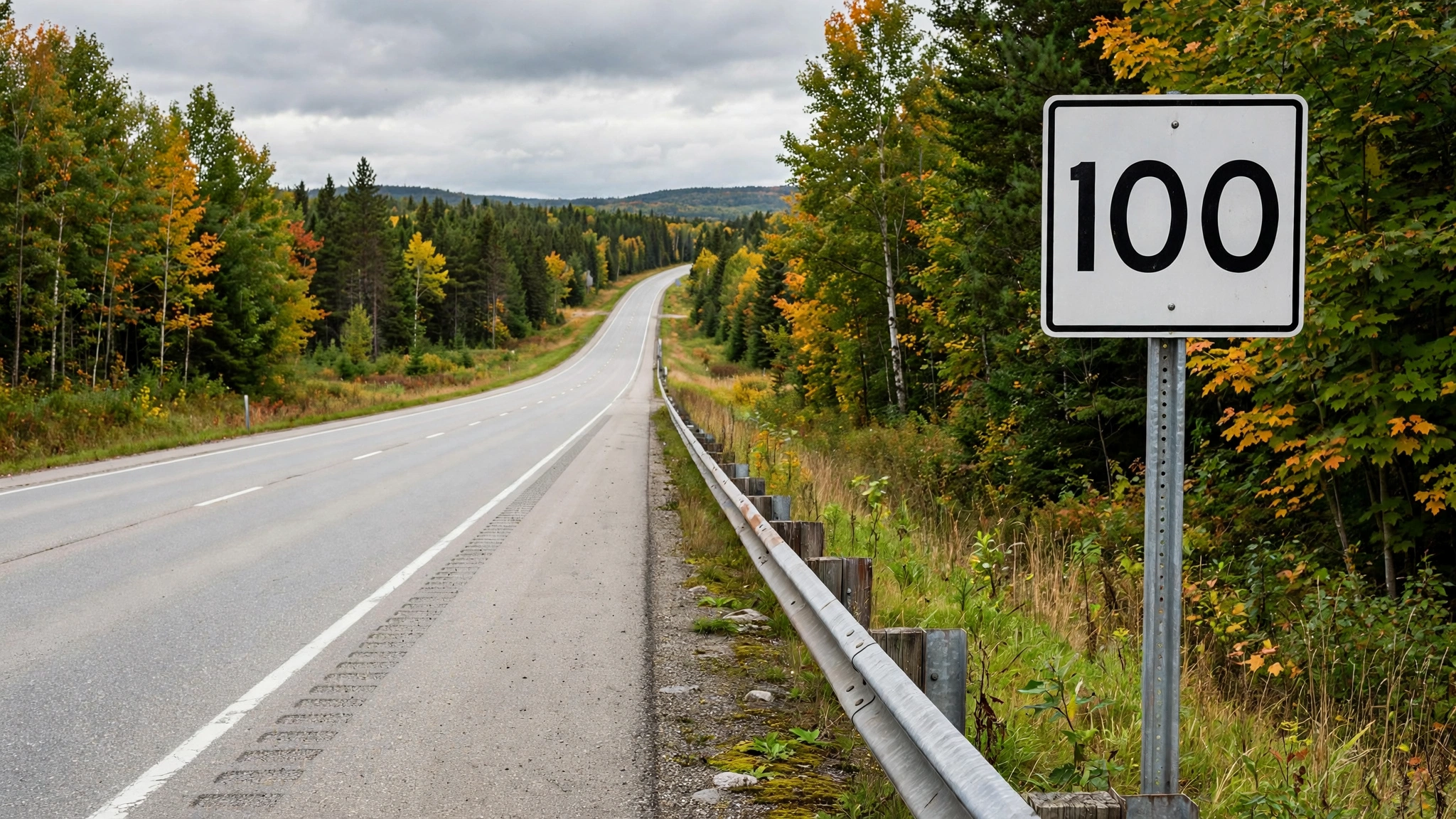 Speed limit 100 sign beside a highway — Ontario G1 practice