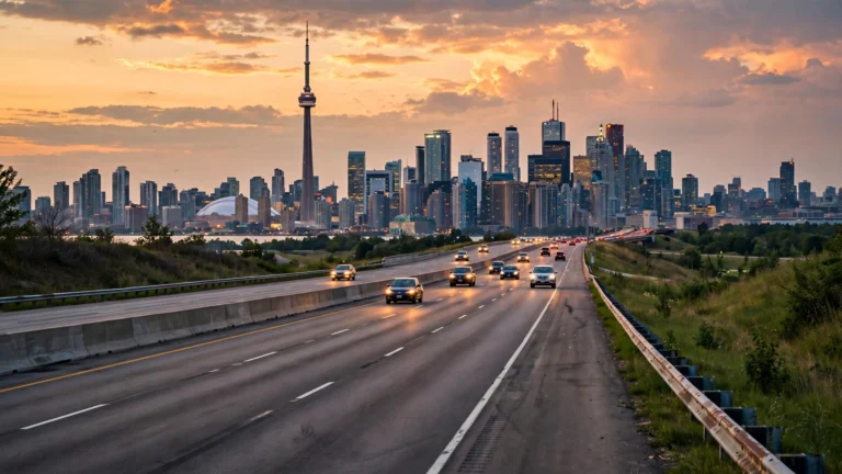 Toronto skyline at dusk seen from a multi-lane Ontario highway