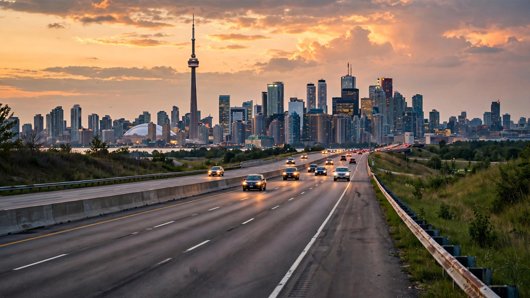 Toronto skyline at dusk seen from a multi-lane Ontario highway