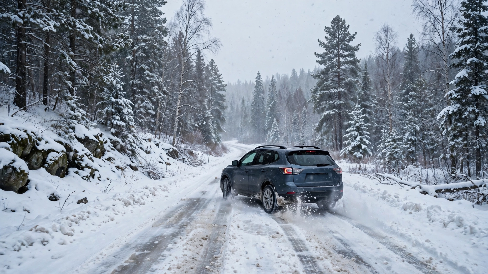 Car driving on a snow-covered road — Ontario G1 practice