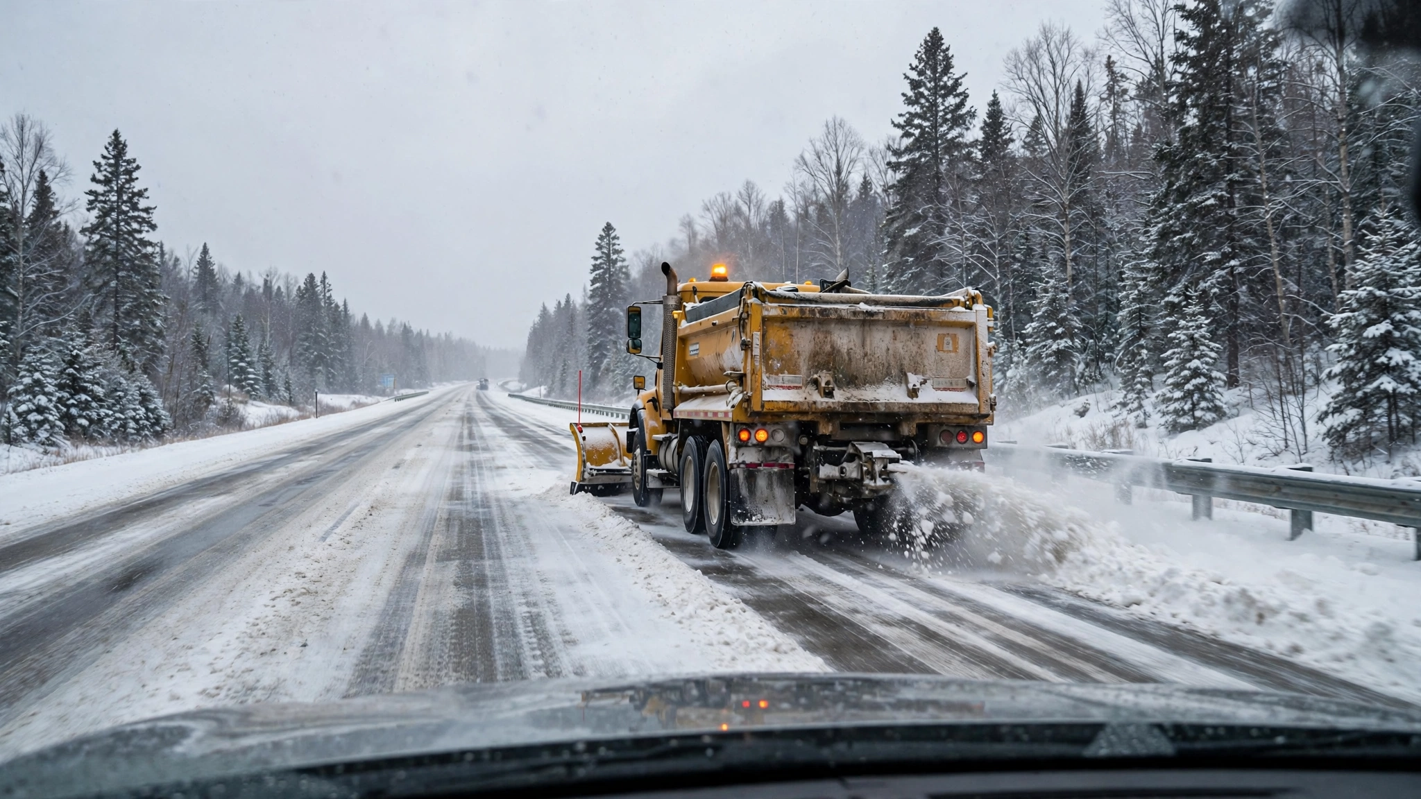 Snowplow clearing a snowy Ontario highway — Ontario G1 practice