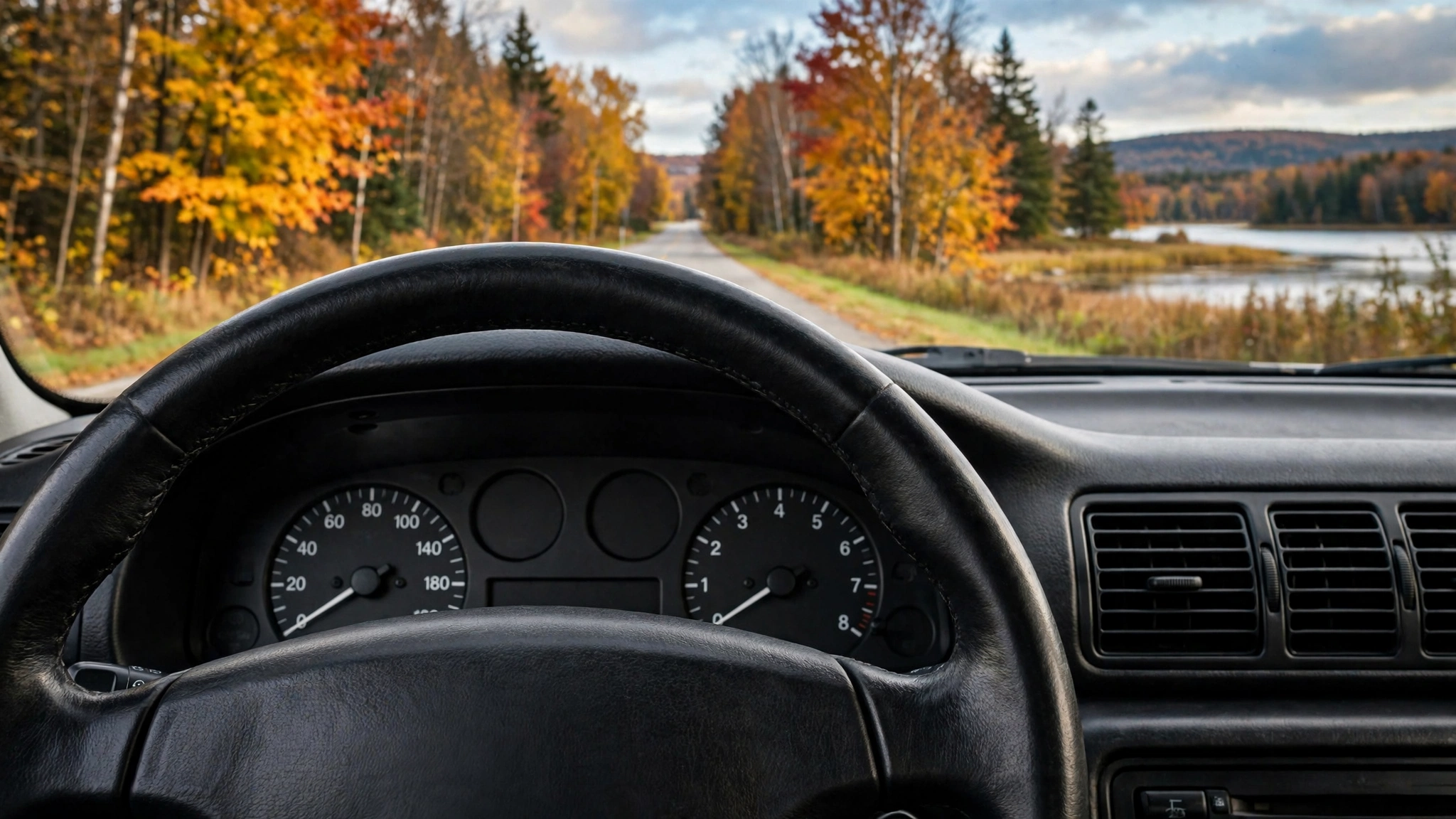Close-up of a car dashboard and steering wheel — Ontario G1 practice