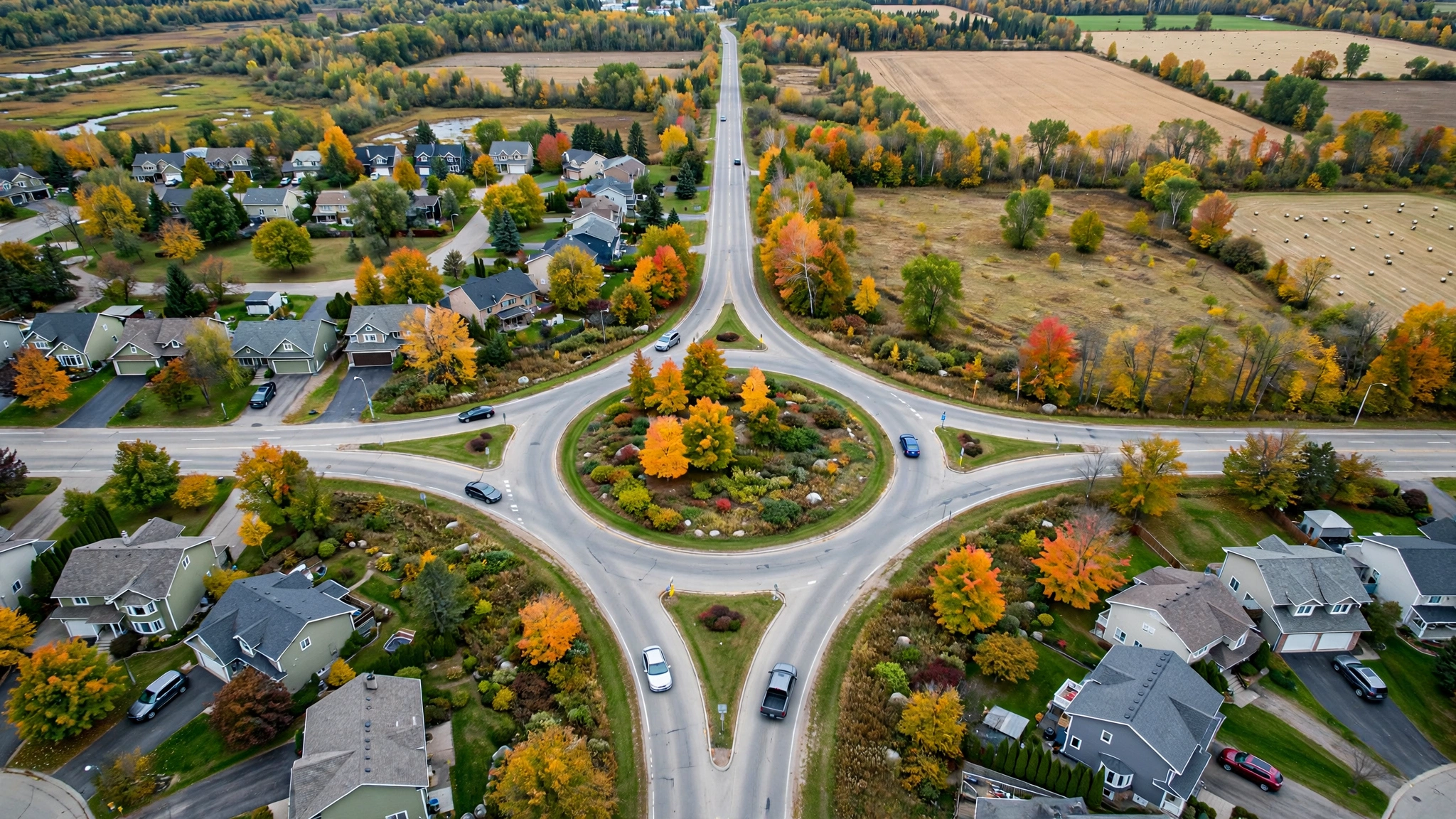 Aerial view of a roundabout — Ontario G1 practice