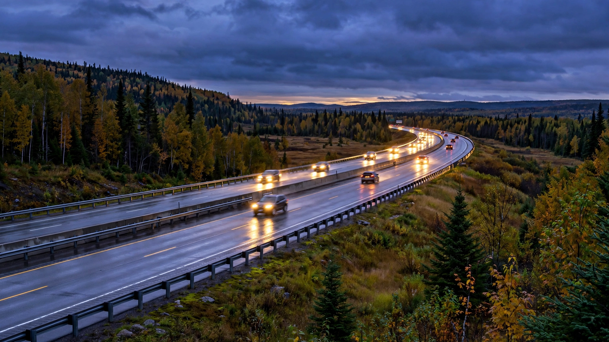 Highway at dusk with headlights on — Ontario G1 practice
