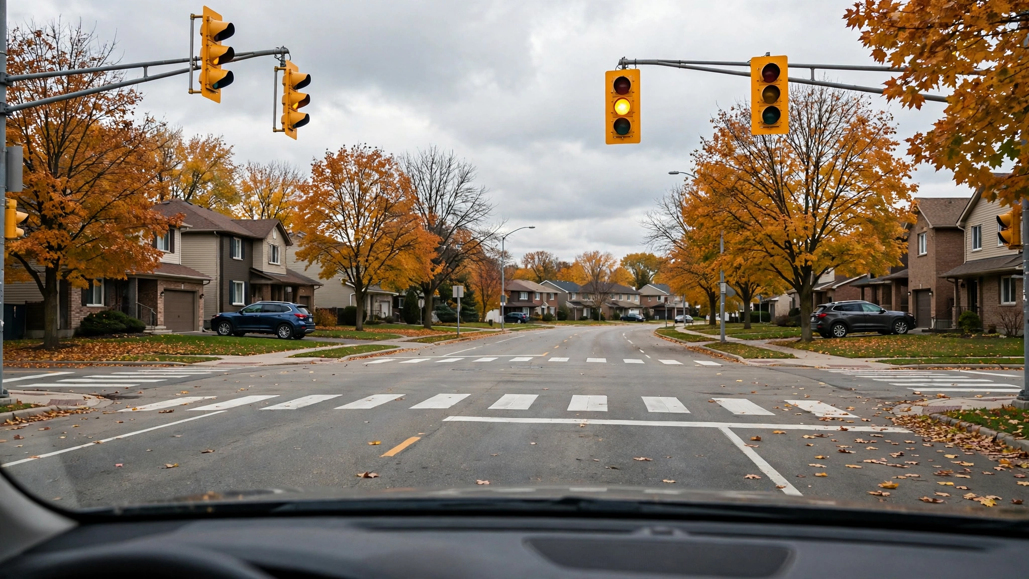 Suburban intersection with traffic lights — Ontario G1 practice