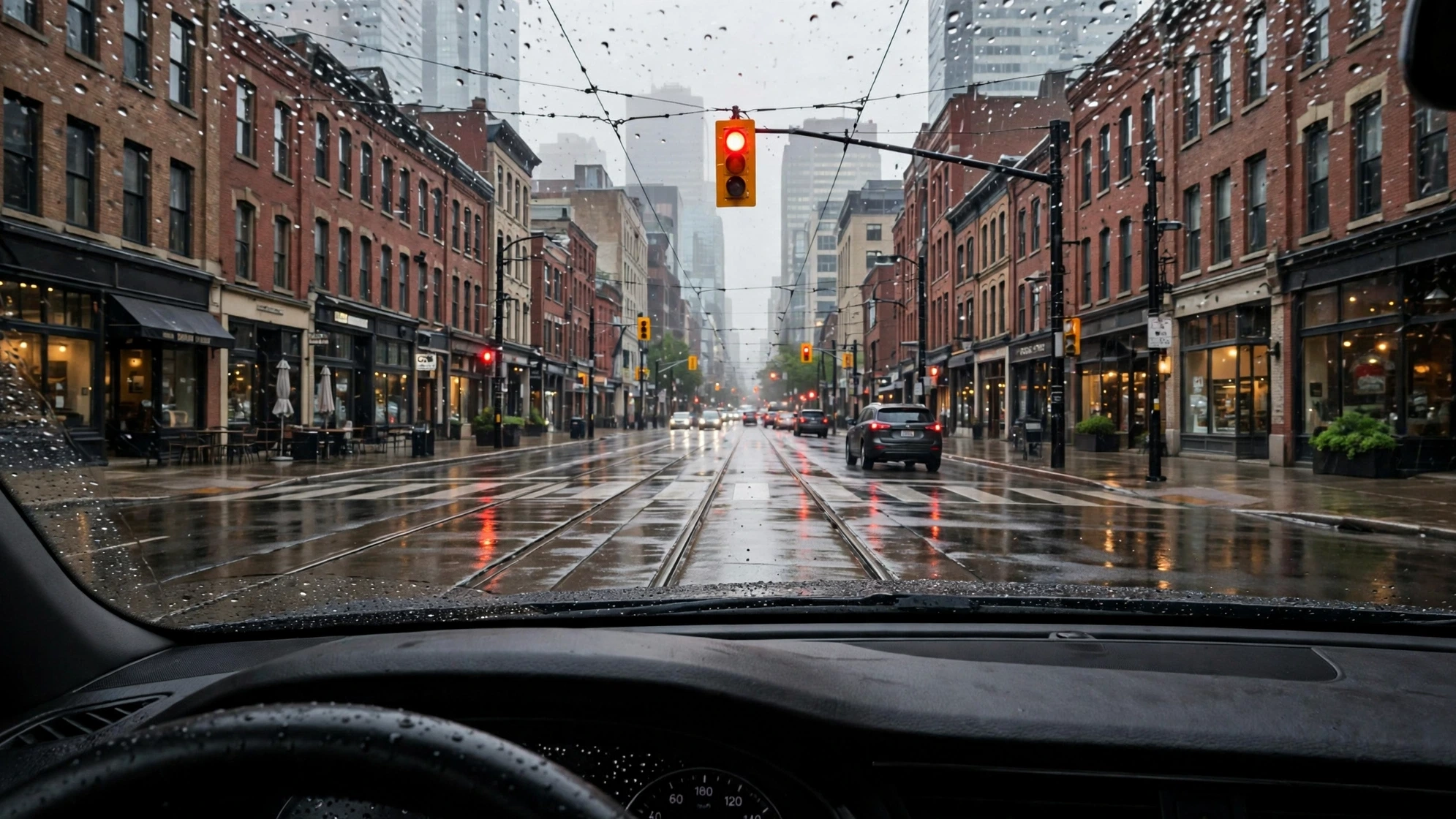 Driver perspective from inside a car stopped at a red traffic light on a rainy downtown Toronto street