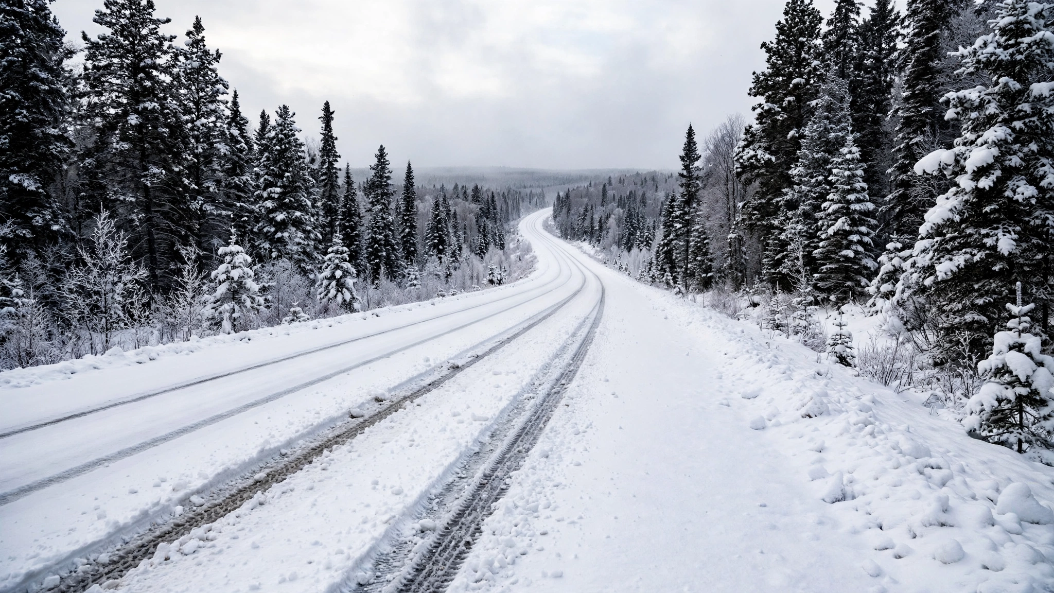 Snow-covered Ontario highway winding through snow-laden evergreen trees in winter