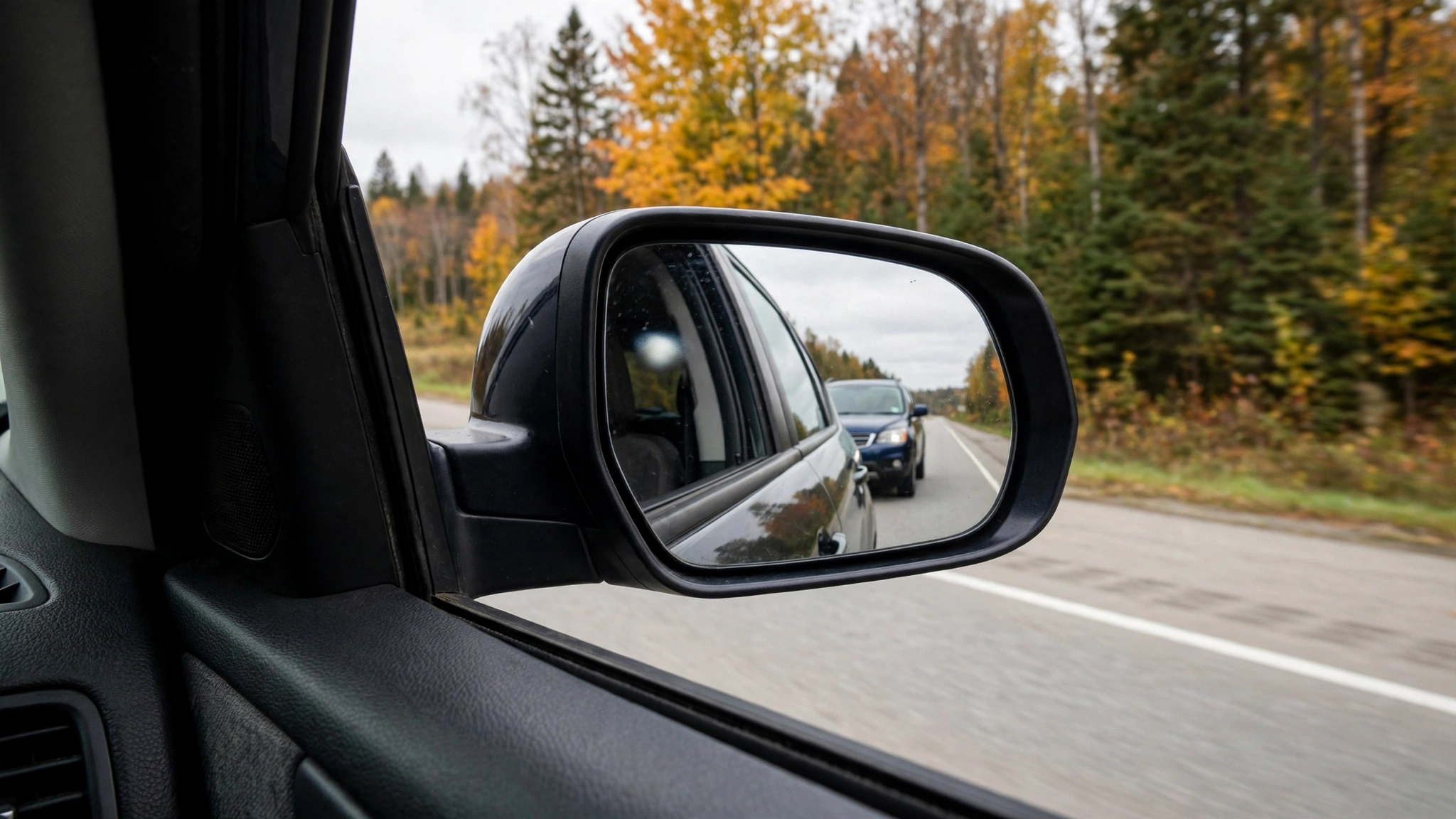Side mirror view showing a blind spot — Ontario G1 practice