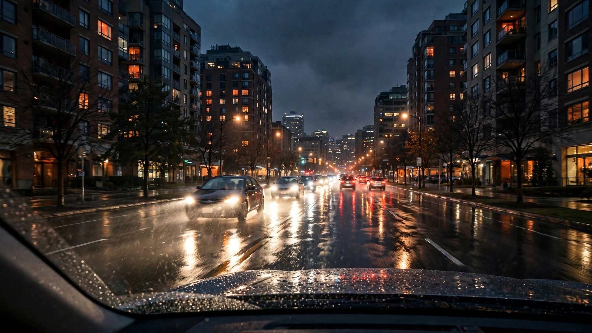 Night city street lit by car headlights — Ontario G1 practice