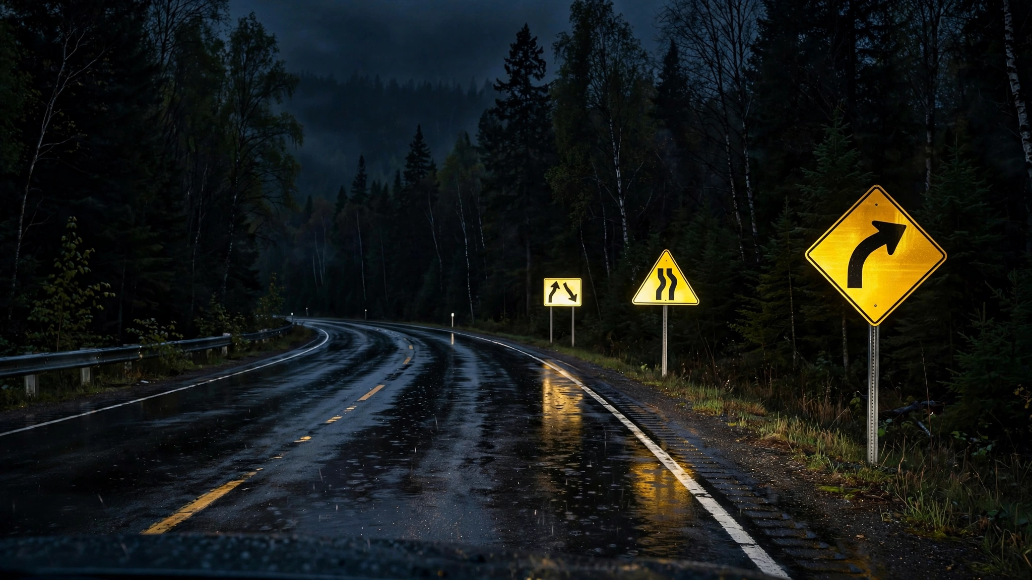 Reflective traffic signs glowing at night — Ontario G1 practice