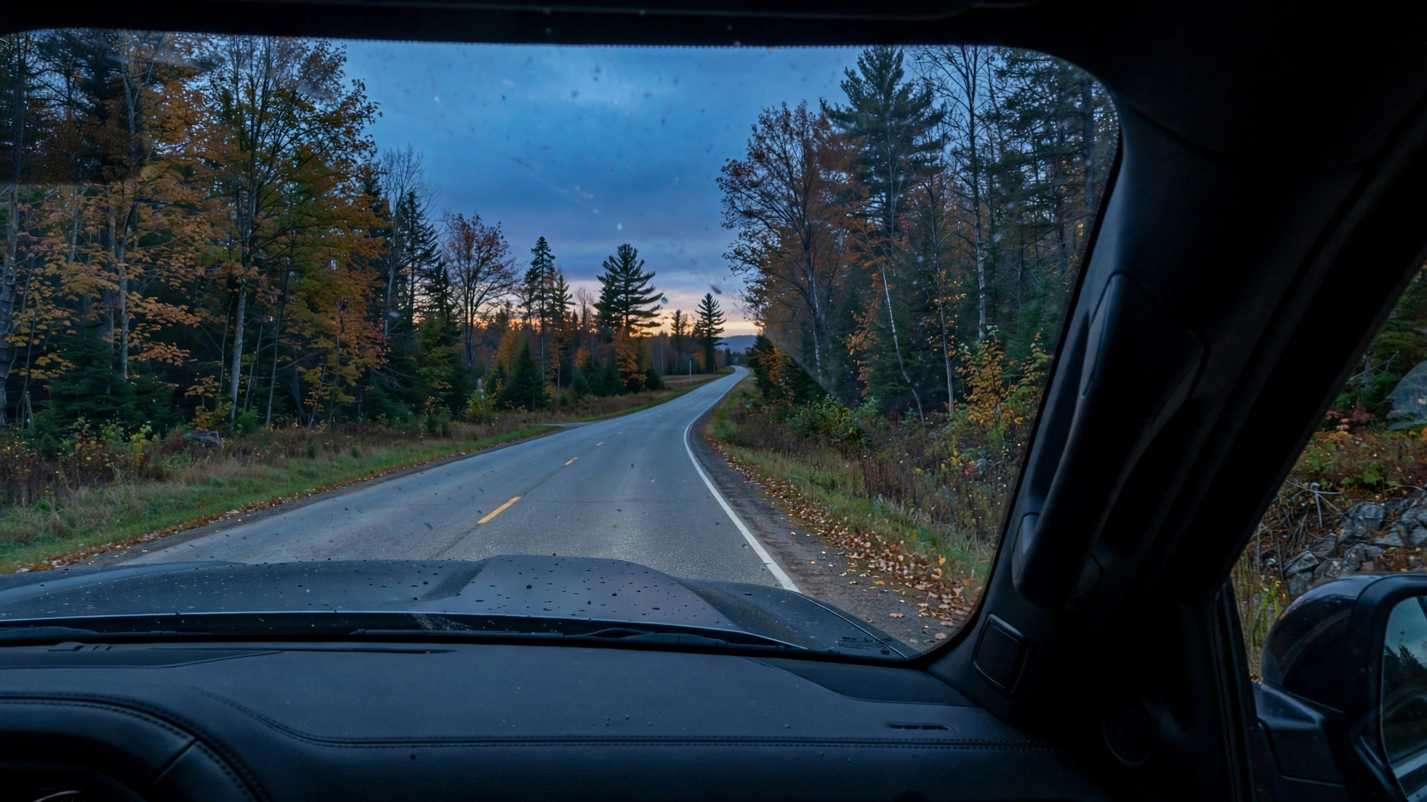 Driver's view through a windshield at dusk — Ontario G1 practice