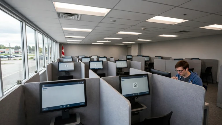 DriveTest-style testing room with rows of touchscreen kiosks where Ontario drivers take the G1 knowledge test