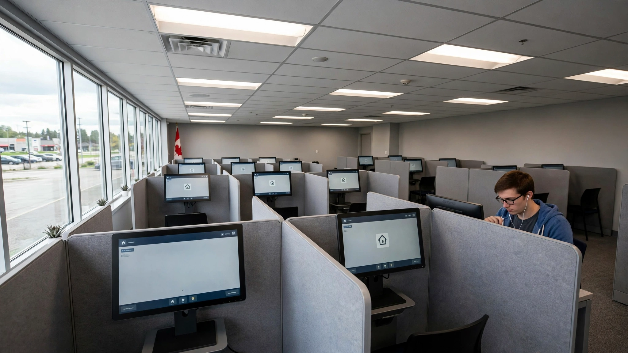 DriveTest-style testing room with rows of touchscreen kiosks where Ontario drivers take the G1 knowledge test