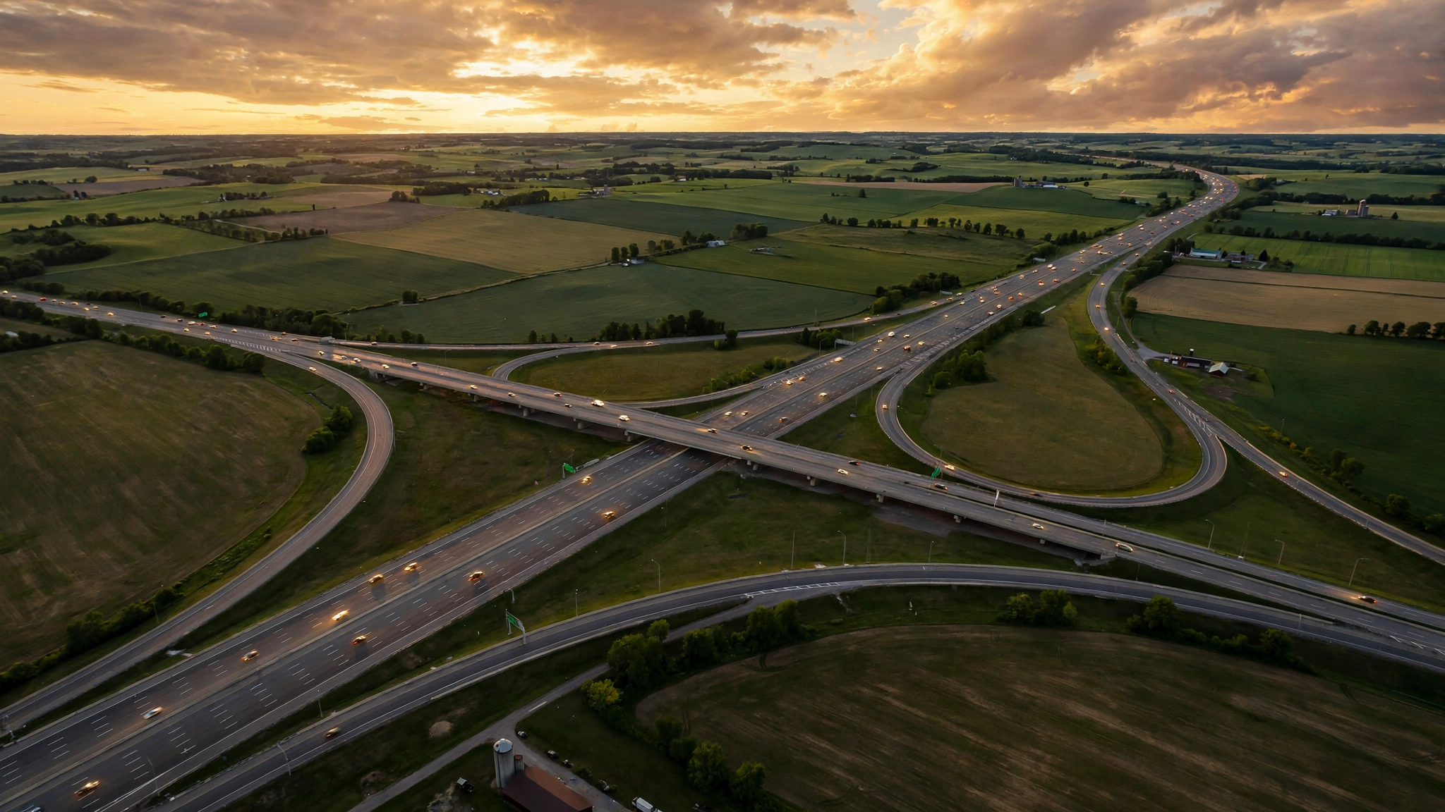 Aerial drone view of a multi-lane Ontario highway interchange curving through farmland at golden hour