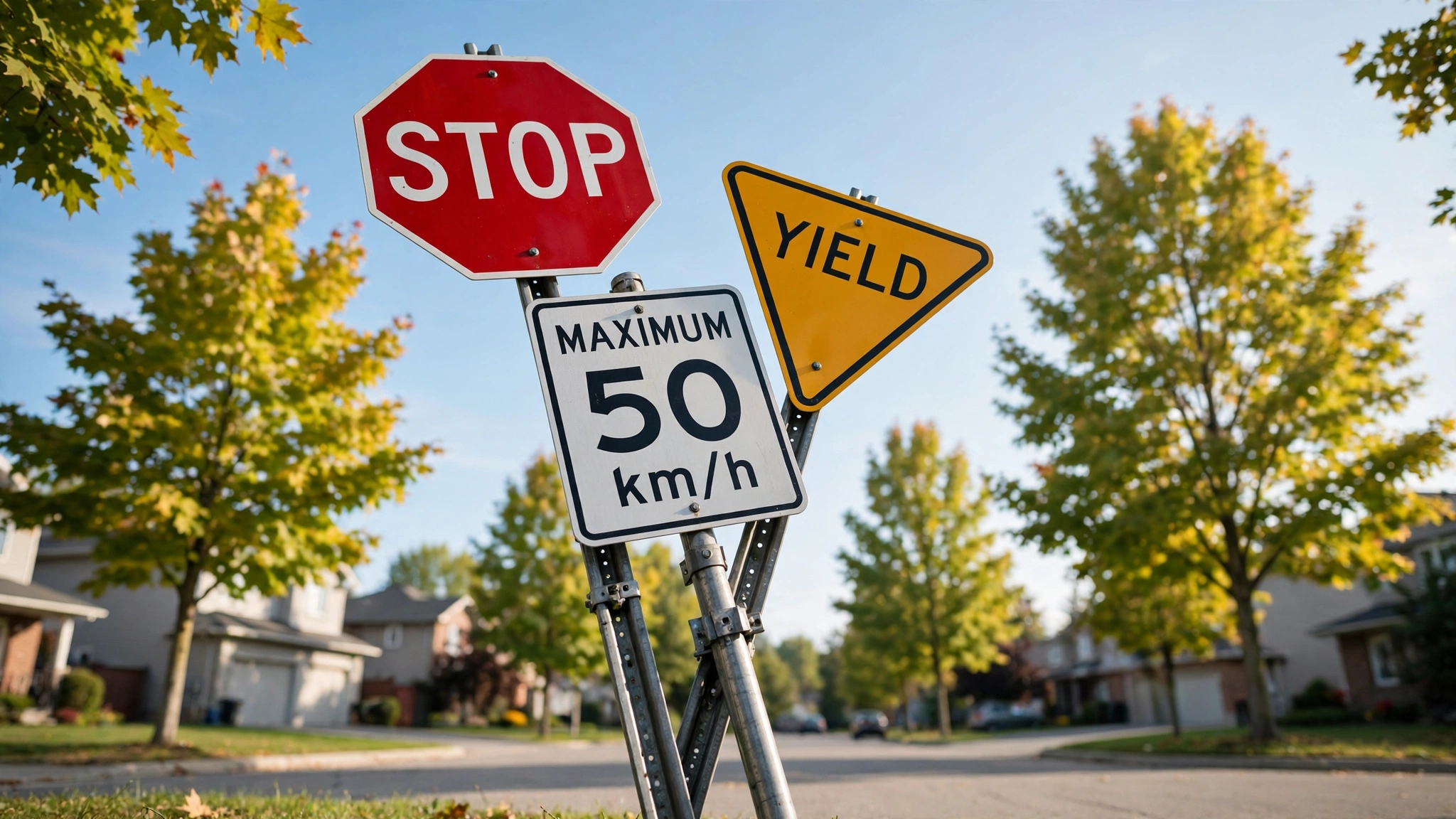 Canadian road signs including a stop sign and speed limit sign at a quiet suburban Ontario intersection