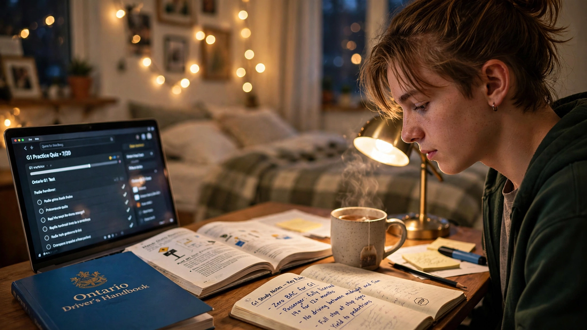 Teenage student studying for the Ontario G1 test at a desk with a laptop practice quiz and paper handbook