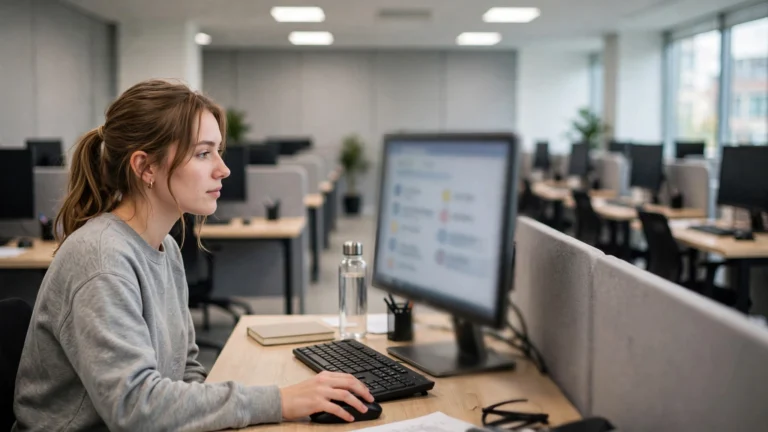 Young adult answering multiple-choice questions on a computer in a quiet Ontario G1 testing room