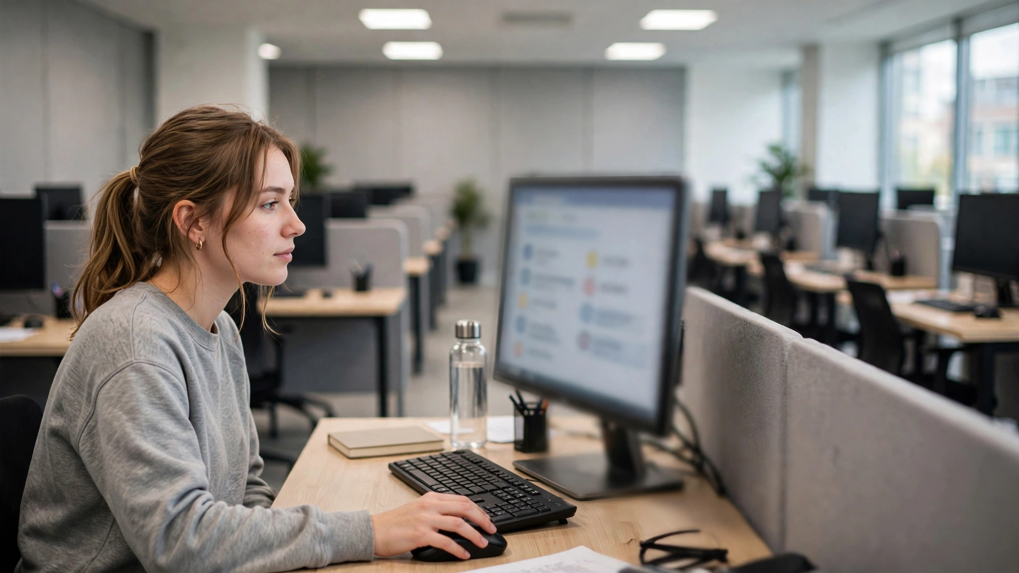 Young adult answering multiple-choice questions on a computer in a quiet Ontario G1 testing room
