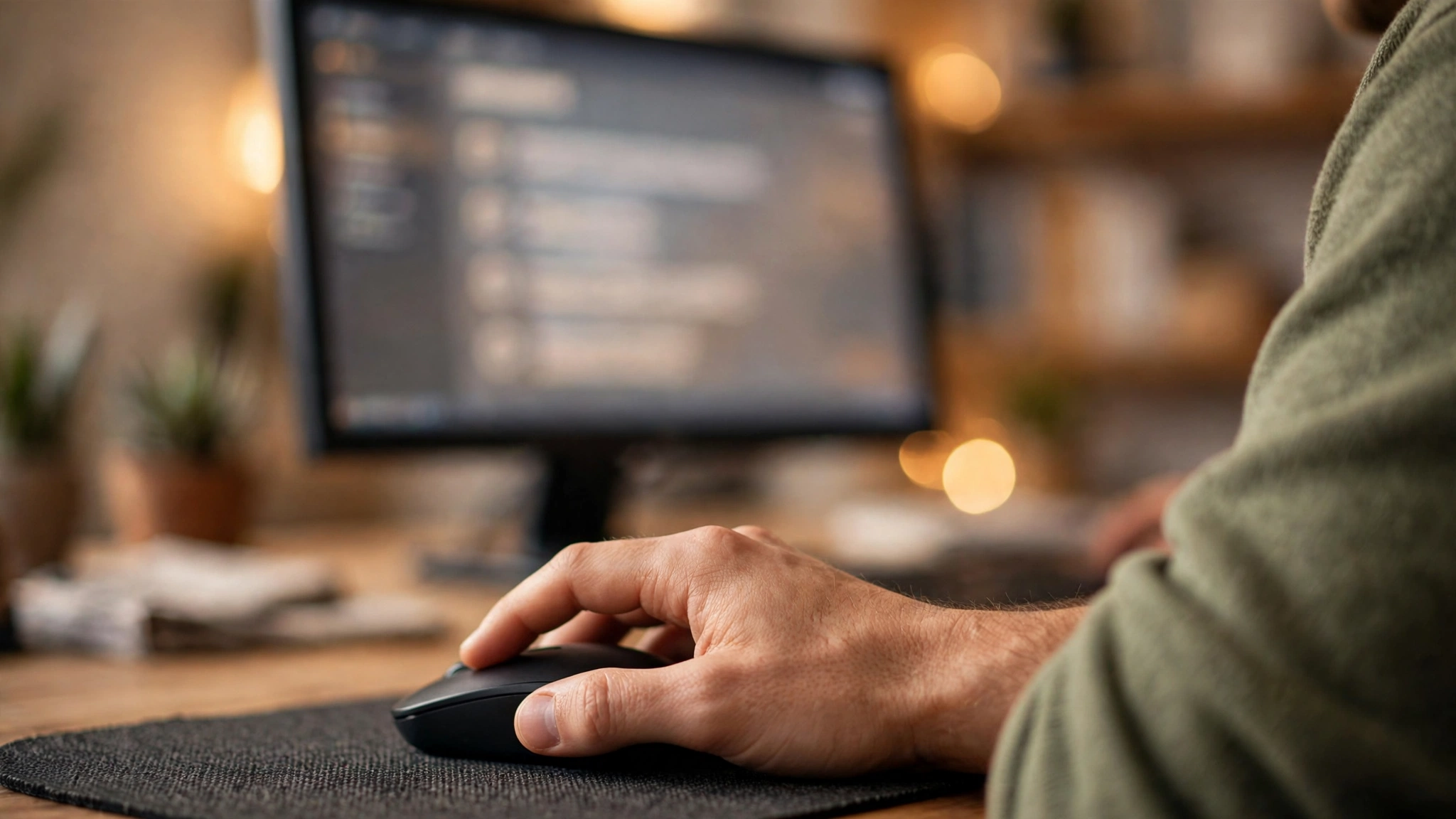 Over-the-shoulder view of a hand clicking a mouse to answer a G1 test question on a monitor