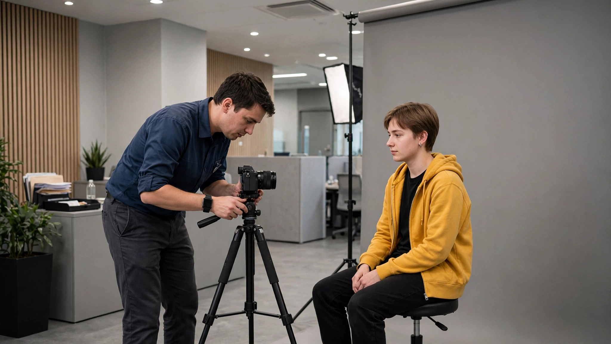 Young person seated for a driver licence photo at a licensing office camera station
