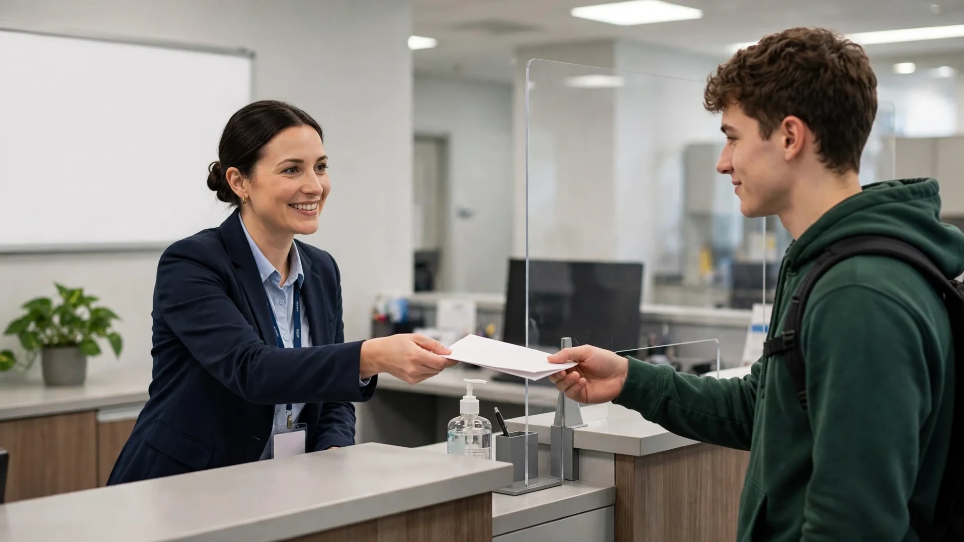 Staff member handing a document to a customer across the counter at an Ontario licensing office