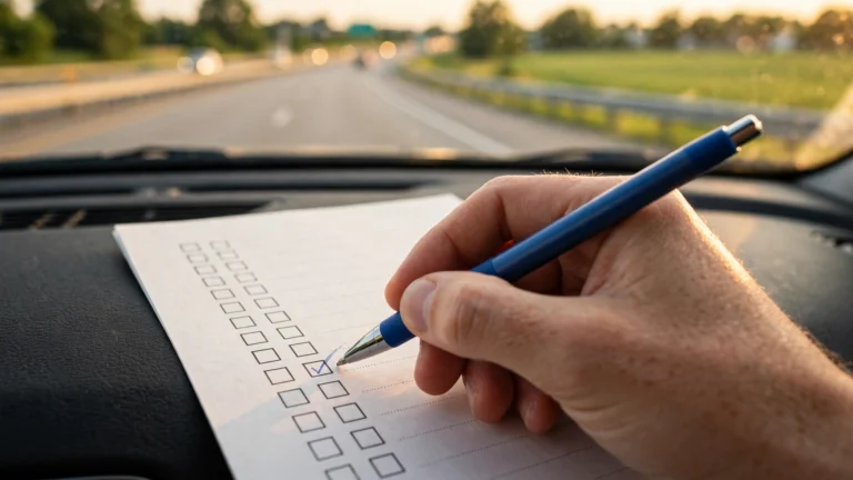 Hand ticking checkboxes on a driving test checklist on a car dashboard with an Ontario highway beyond