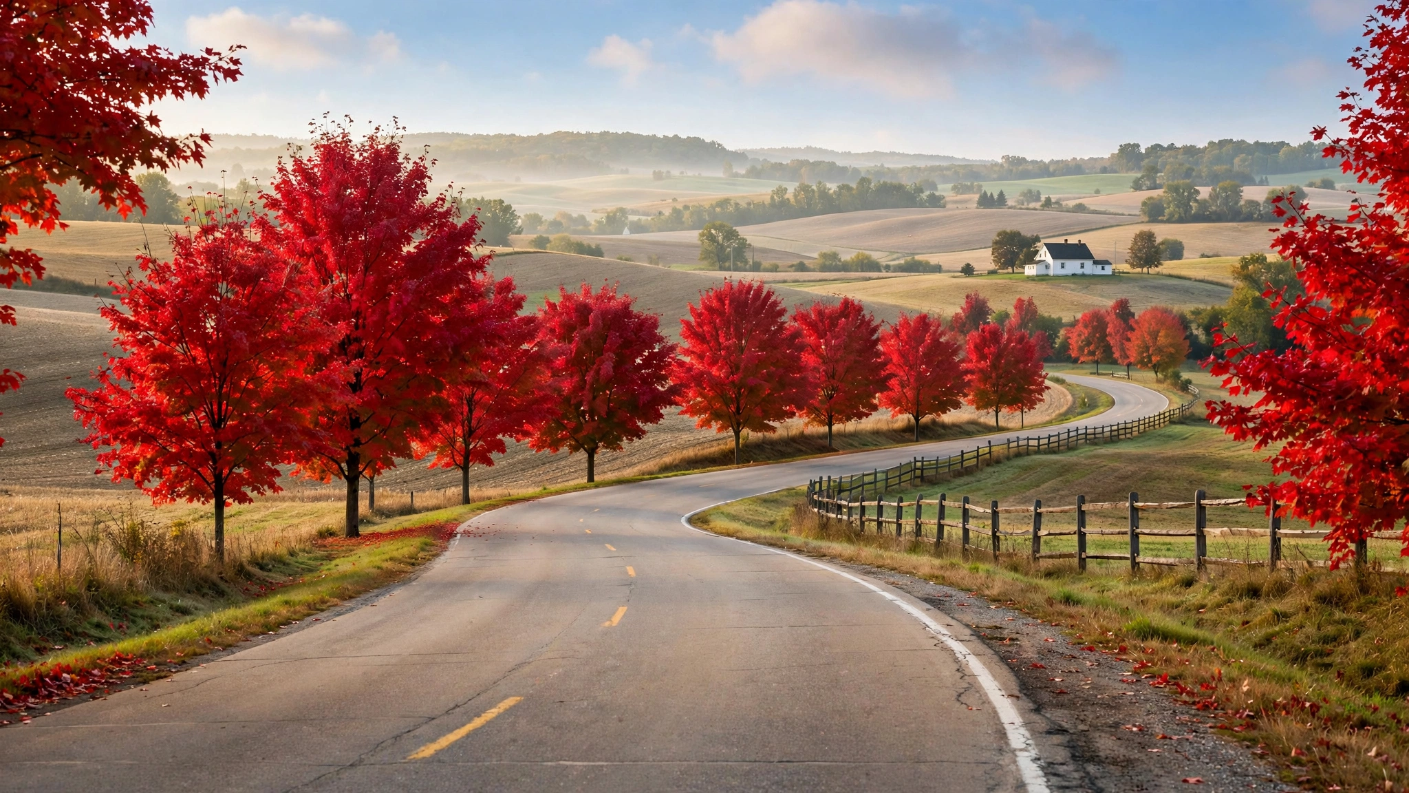 Scenic Ontario two-lane country road curving through rolling farmland lined with red autumn maple trees
