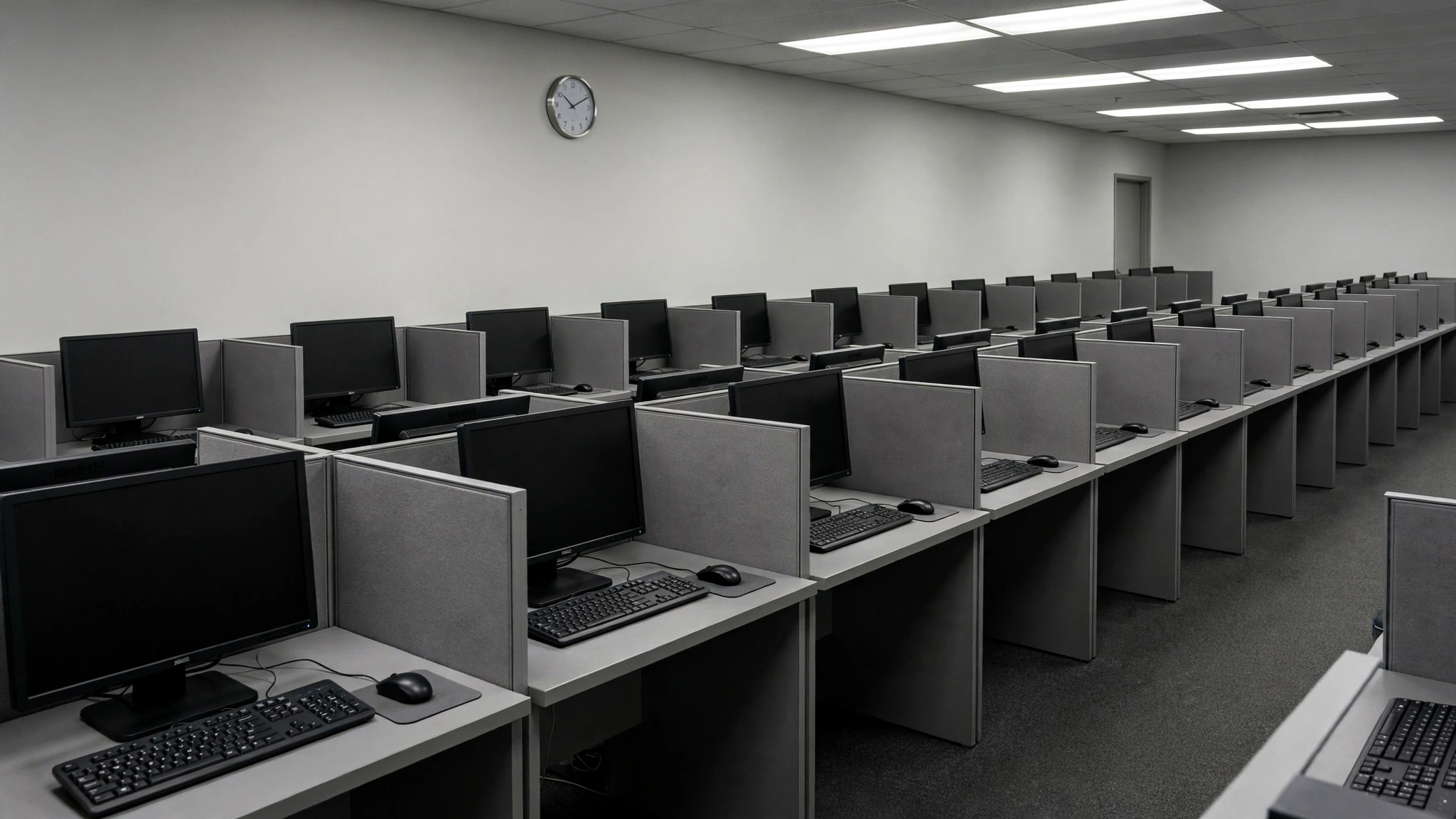 Quiet driver testing room with computer workstations and a wall clock