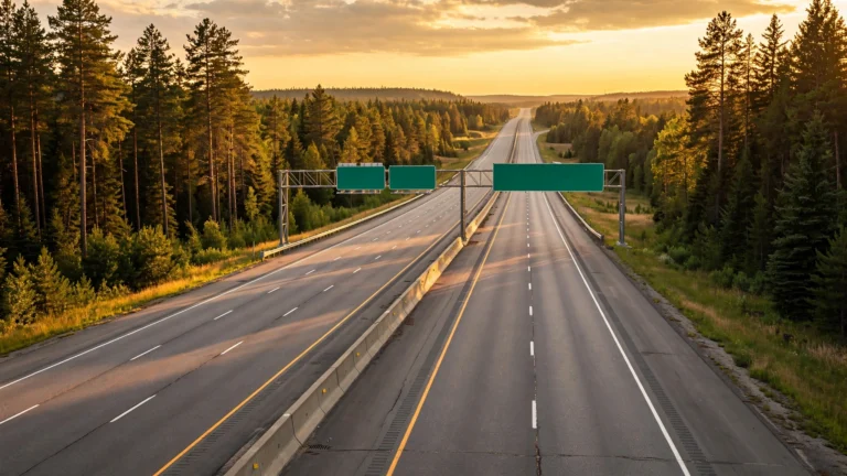 Wide Ontario highway at golden hour with green directional signs and pine trees