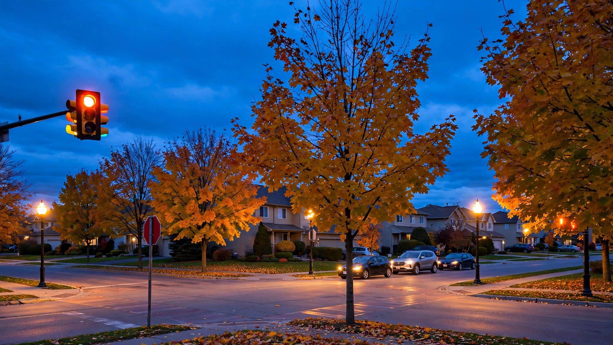 Suburban Ontario intersection at dusk with traffic lights and autumn maple trees