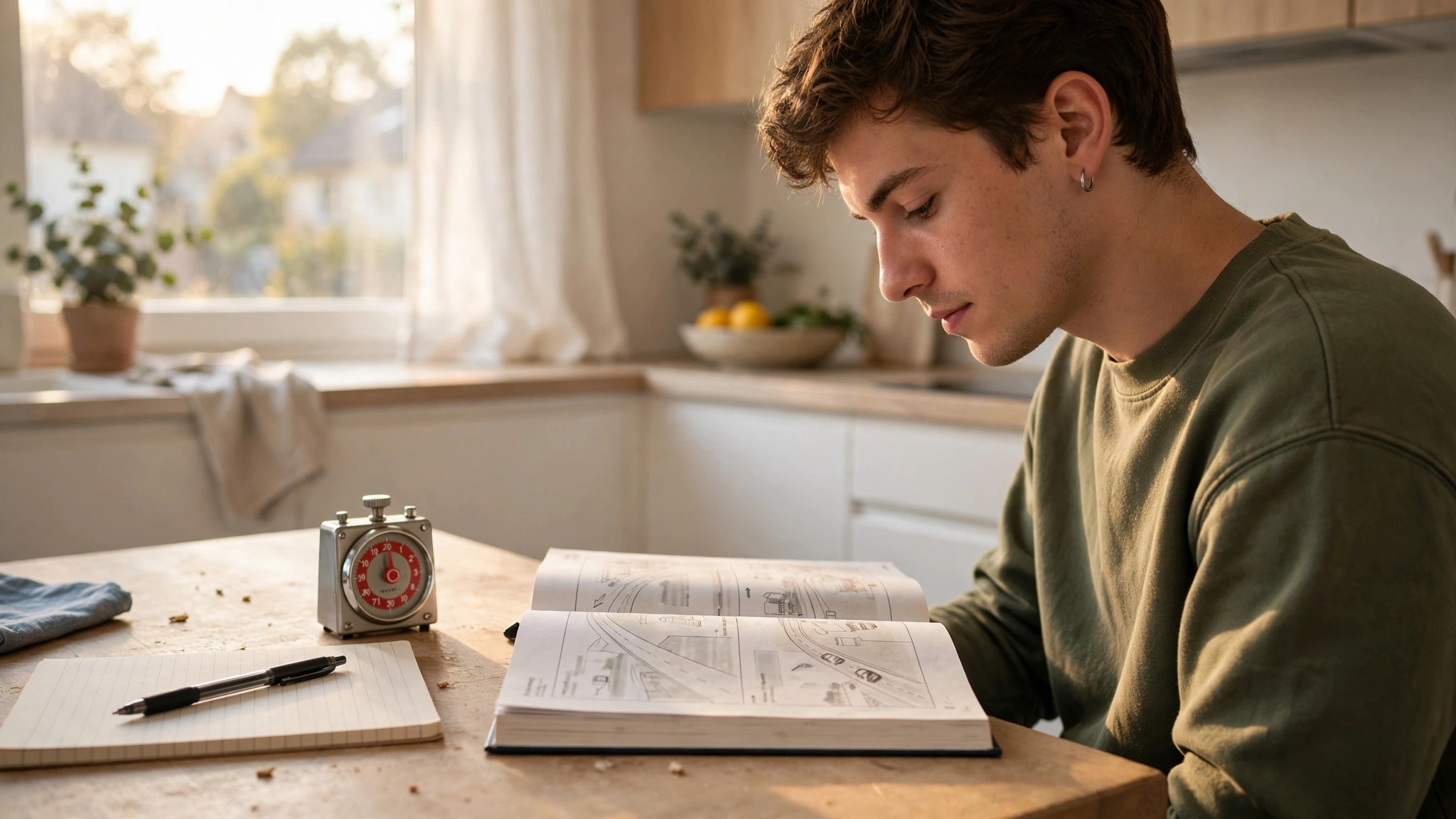 Person studying a driver's handbook at a kitchen table with a small timer beside the book