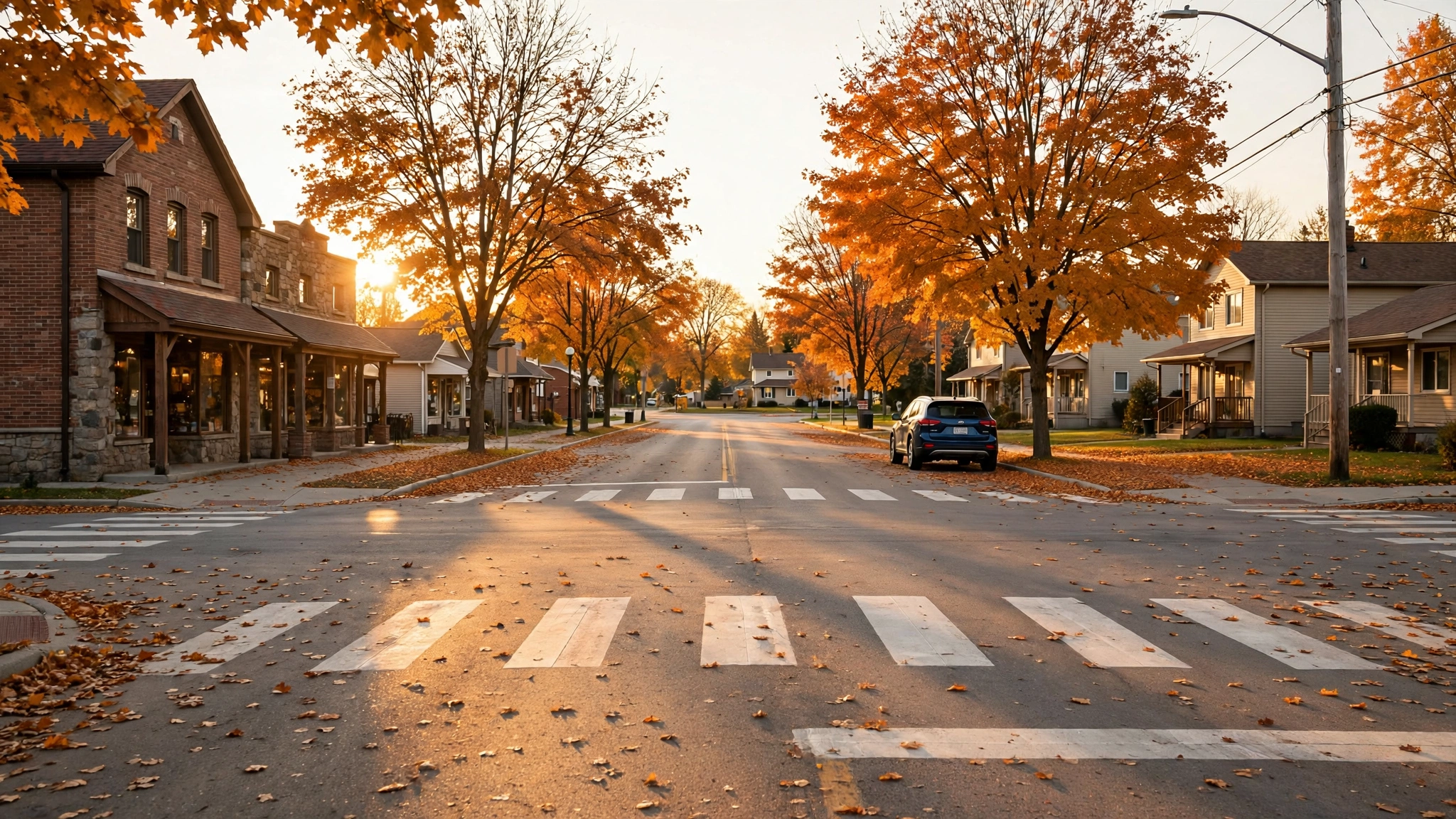 Four-way stop intersection on a small-town Ontario main street in autumn