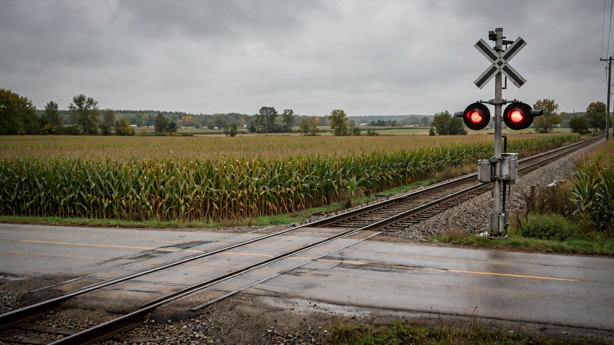 Canadian railway level crossing with crossbuck and flashing red signal lights beside tracks in rural Ontario farmland