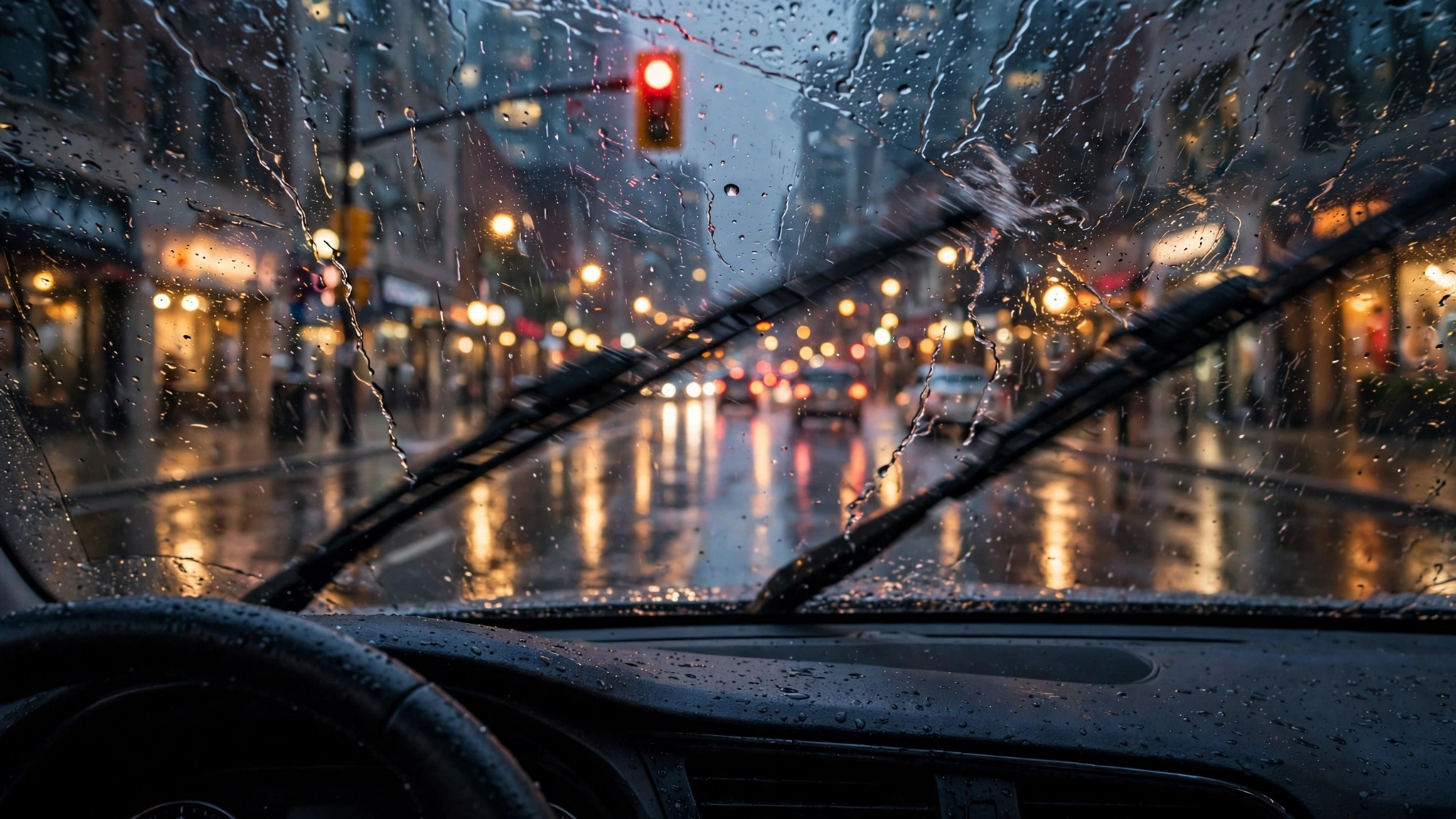 Driver's view of a red traffic light on a rainy Toronto street at dusk
