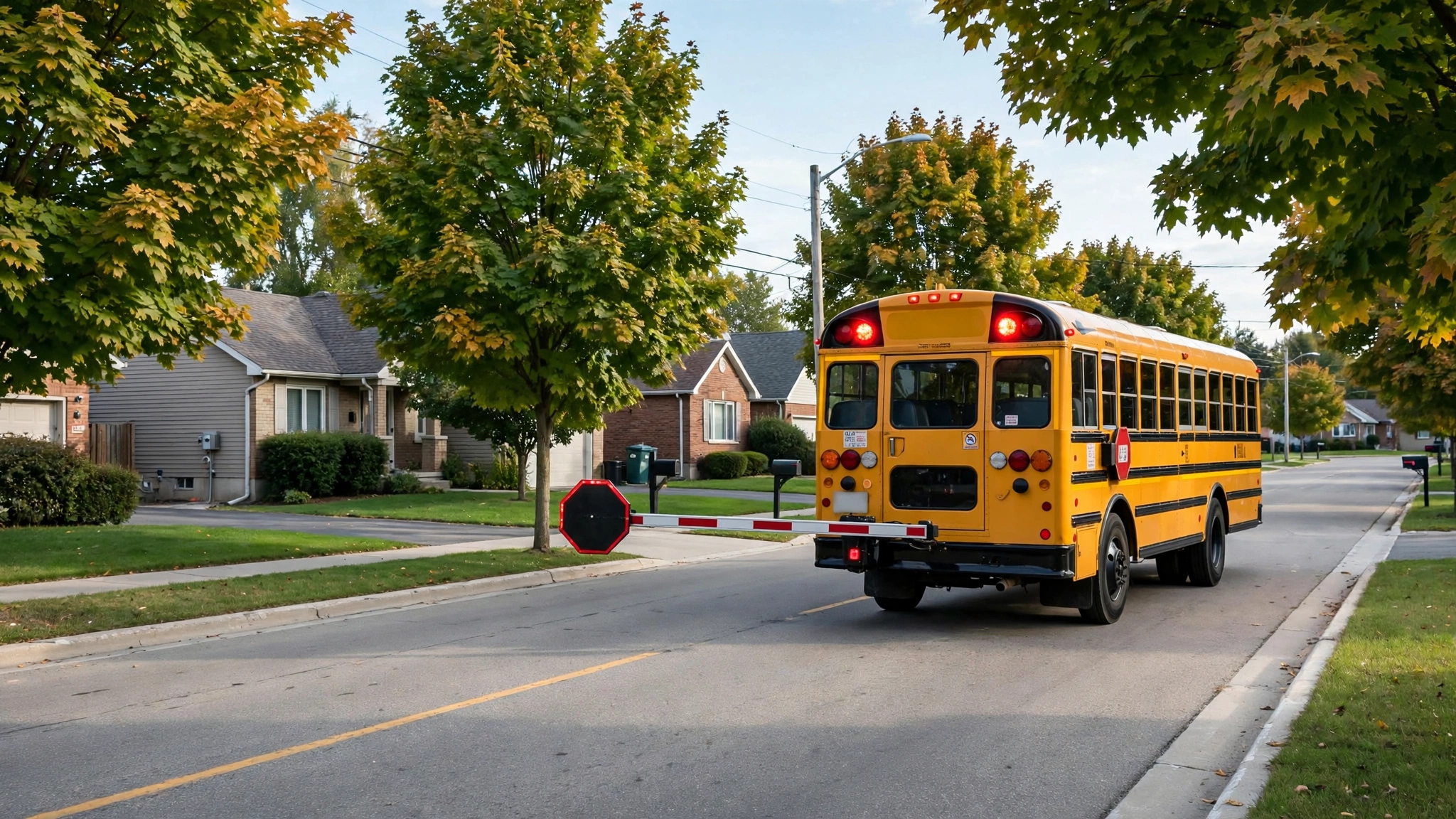 Yellow school bus stopped with flashing red warning lights on a quiet suburban Ontario street, illustrating school bus stopping rules on the G1 test