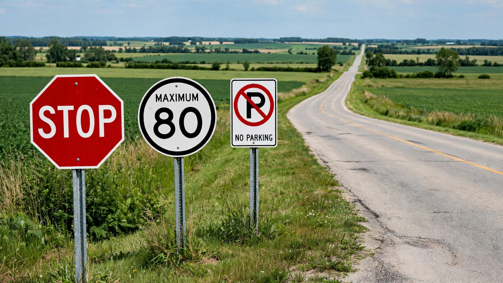 Canadian regulatory road signs including a stop sign, maximum 80 speed limit sign, and no parking sign on a rural Ontario roadside