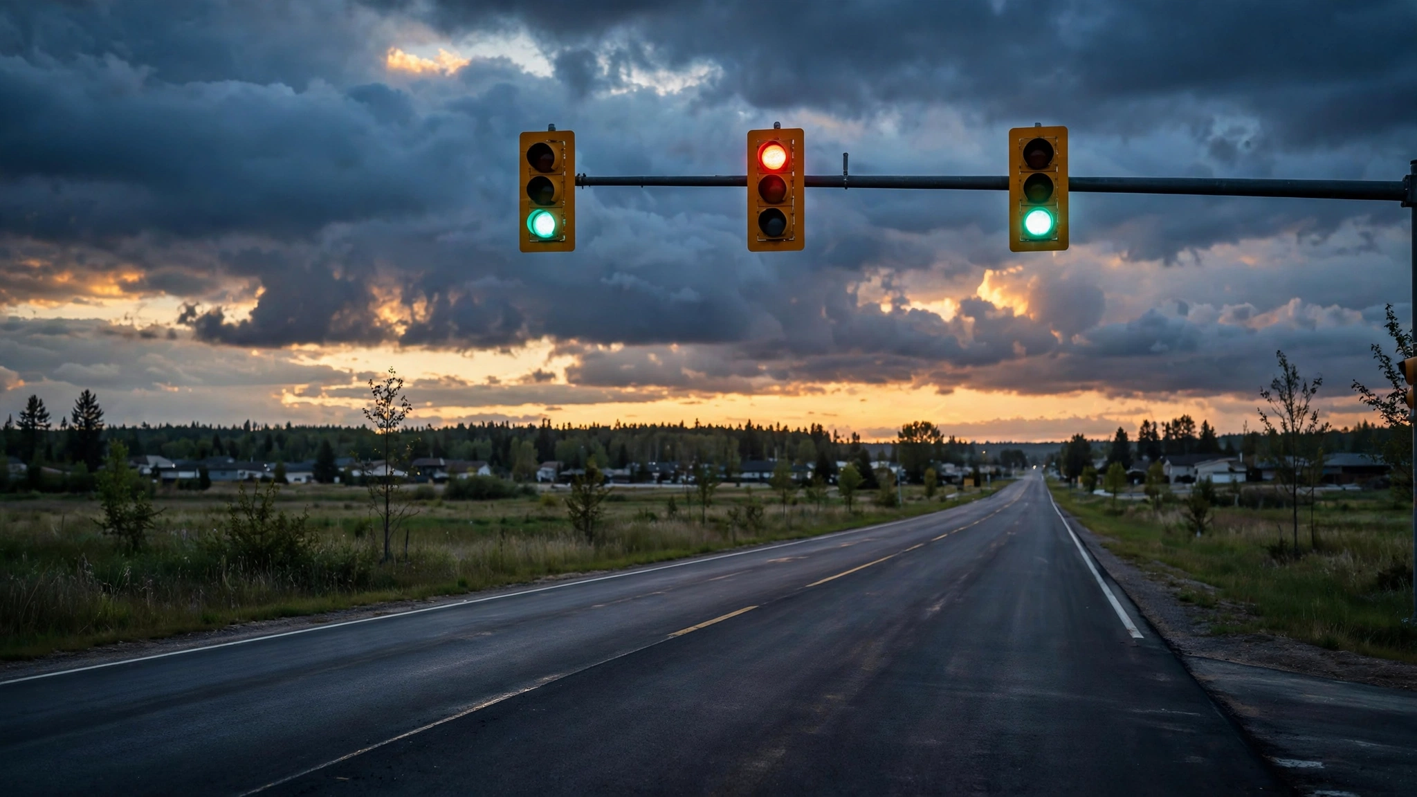 Traffic lights glowing over an empty suburban Ontario road at dusk