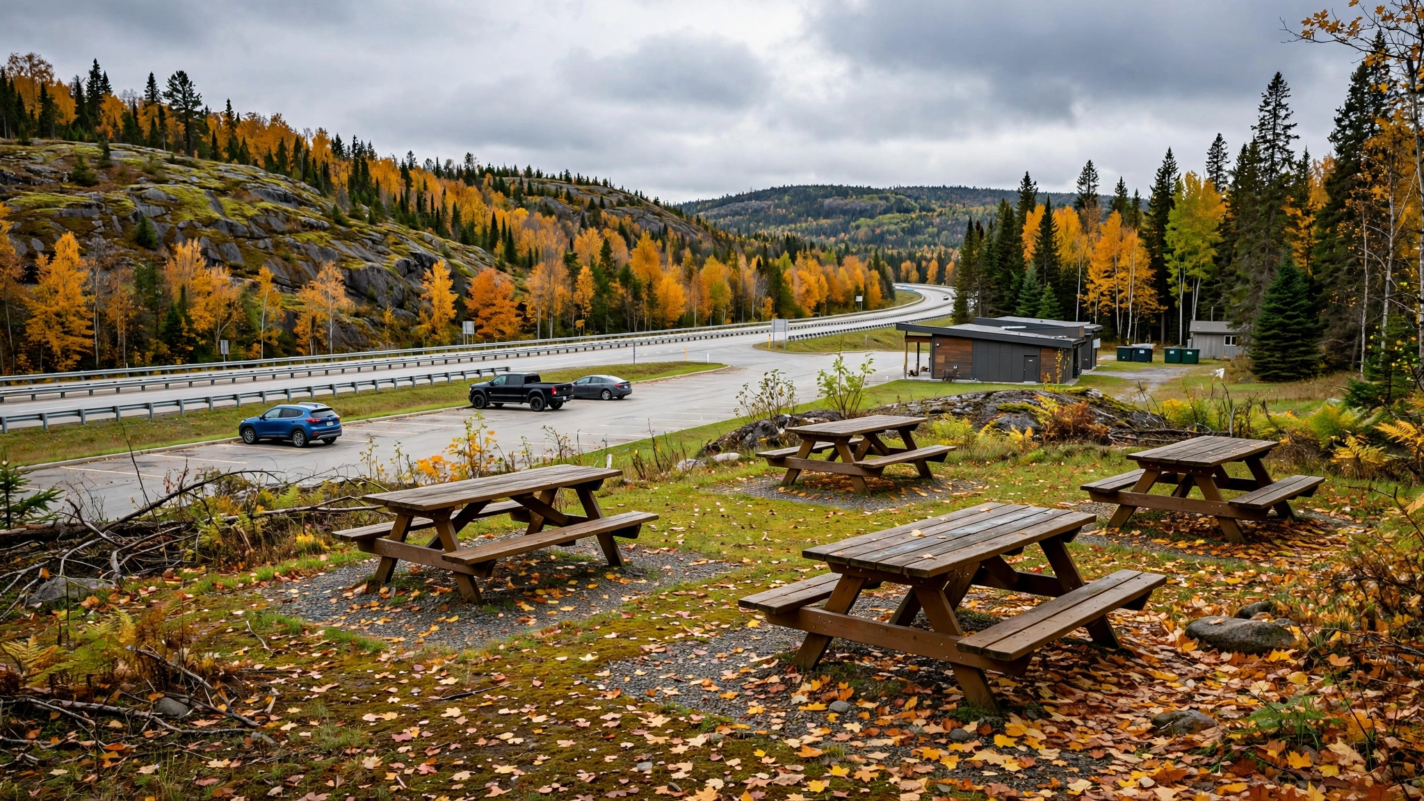 Highway rest stop with picnic tables — Ontario G1 practice