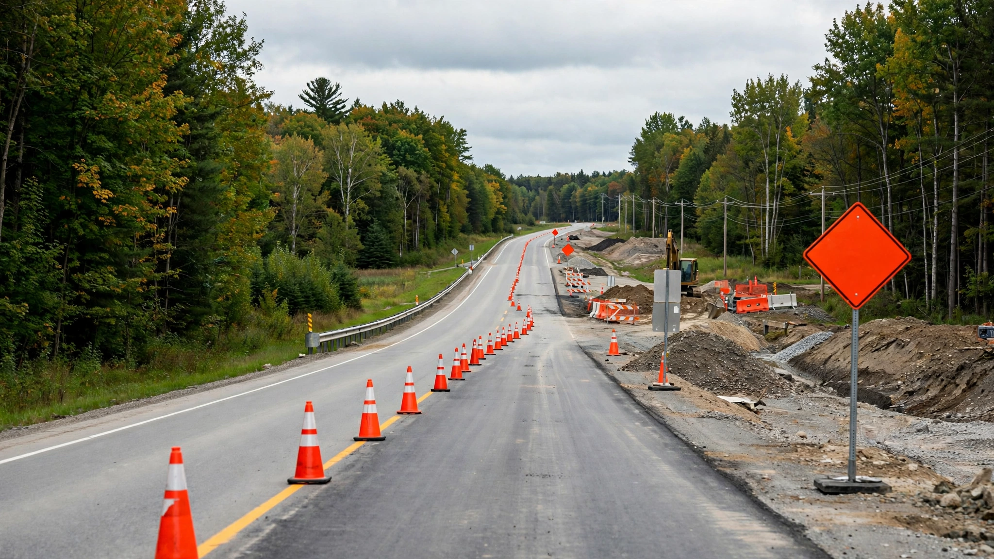 Road construction zone with orange cones and signs — Ontario G1 practice